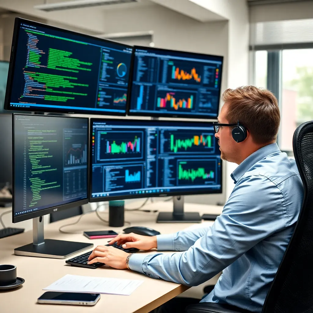 Professionele data-analist werkt met Python en Power BI dashboards