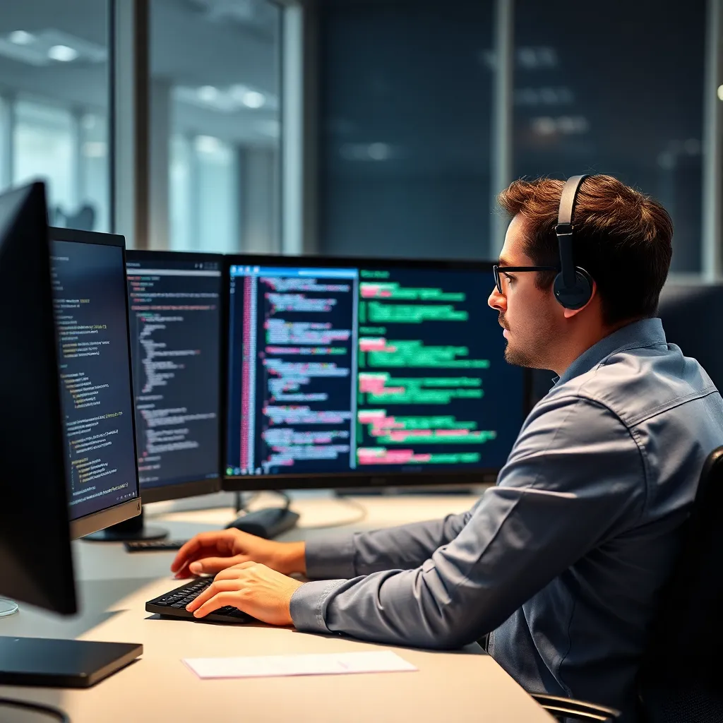 IT professional die werkt aan code op meerdere schermen