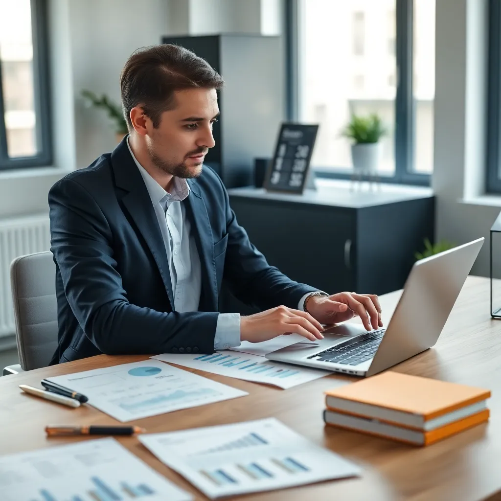Professional bereidt zich voor op salarisonderhandeling met laptop en documenten